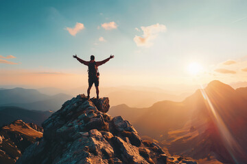 Triumphant Hiker at Mountain Summit During Sunrise