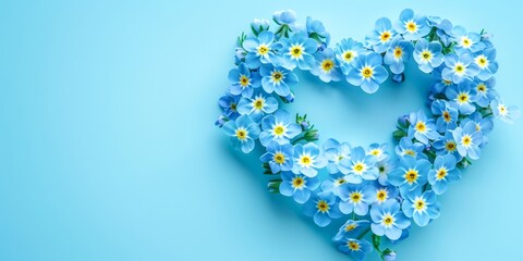 Obraz premium Forget-me-nots arranged in heart shape on sky blue solid color background with copy space 