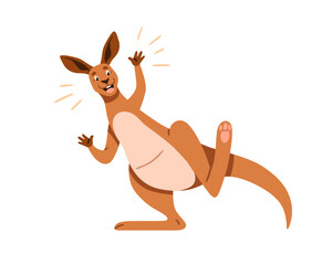 Happy kangaroo character. Cute funny joyful animal smiling, laughing, dancing. Adorable Australian marsupial, cheerful amusing fun expression. Flat vector illustration isolated on white background
