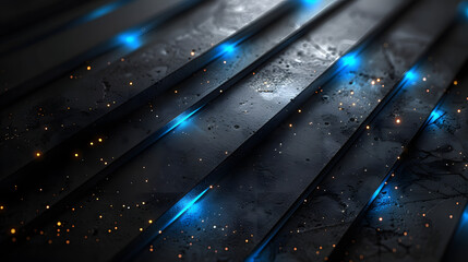 Abstract background with blue neon lights and glowing particles on dark metallic surface, futuristic and high-tech design concept.