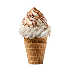 Soft Serve Ice Cream Cone with Chocolate Drizzle Isolated on Transparent Background. Concept of Delicious Summer Treats and Desserts.