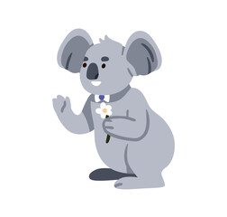 Koala bear, cute happy character holding flower in paw. Funny adorable kawaii smiling animal. Excited positive joyful mammal. Kids childrens flat vector illustration isolated on white background