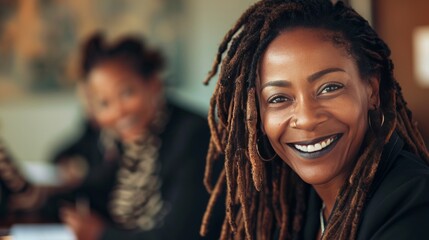 A woman with dreadlocks smiles at the camera during a business meeting. A mature and professional businesswoman leads a corporate team to success.