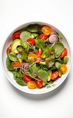 A Healthy Mixed Green Salad With Tomatoes, Avocado, And Onions In A White Bowl, Fresh And Nutritious Meal On A White Background