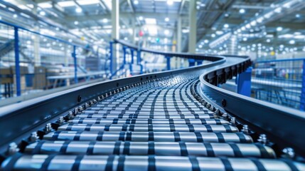 Naklejka premium A series of conveyor belts moving products across the factory floor indicating the increased production and economic growth resulting from reshoring.