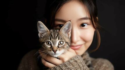Asian woman holding her adorable kitty, portrait, love for pets,