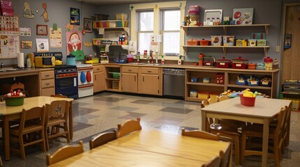 Preschool classroom with dramatic play kitchen, toy food items, and pretend play utensils
