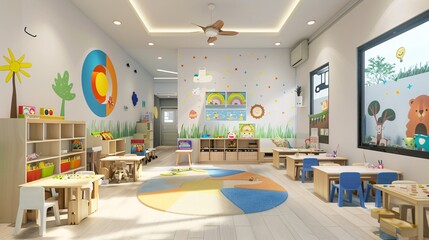 Preschool classroom with learning centers, small desks, and cheerful wall decorations