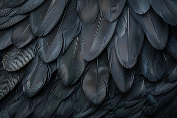Black feather texture background, abstract wallpaper design with bird feathers pattern for wall art print and nature concept