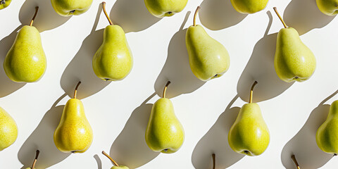 A background of pears, each with its shadow, scattered across the canvas in an elegant display, with soft shadows on a white background