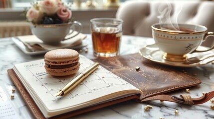 Elegant Afternoon Tea with a Macaron and a Notebook
