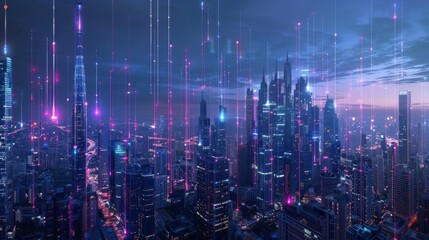 Concept of smart city digital transformation: modern urban cityscape illuminated by band lights at night, highlighting the new fast internet communication 5G technology and fiber optics.