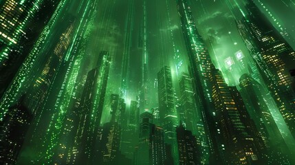 Matrix-inspired digital cityscape with cascading green code and floating holographic symbols 