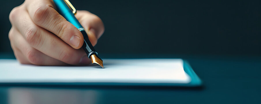 Hand with pen, signing a contract, business context, dark background,