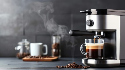 Modern coffee maker with aromatic beans, steaming coffee, milk frother, polished teaspoon, dark countertop, soft lighting, sophisticated setting,
