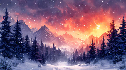 Fototapeta premium Stunning winter landscape with snow-covered trees and mountains at sunset, featuring a vibrant sky with falling snowflakes.