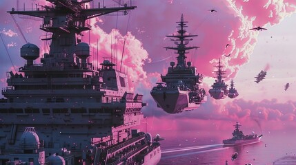 Fantasy world of aircraft carrier. 3D illustration.