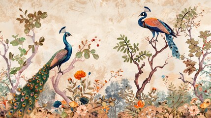 Illustration of a Mughal garden with peacocks, parrots, plants, and trees, featuring a botanical landscape pattern. 