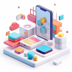 Obraz premium Abstract Futuristic 3D Render Minimalistic Style with Floating Geometric Shapes - Isometric Design, Light Color Theme, Bright Background, and Soft Lighting