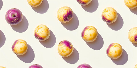 A background of rutabaga, each with its shadow, scattered across the canvas in an elegant display, with soft shadows on a white background