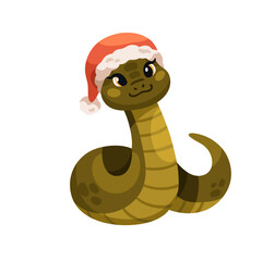 Fototapeta premium Cute snake in santa hat, cap. Happy smiling animal character, Chinese New Year symbol. Kawaii Christmas mascot, Asian zodiac. Kids flat cartoon vector illustration isolated on white background