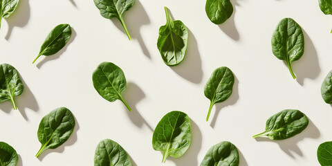 A background of spinach, each with its shadow, scattered across the canvas in an elegant display, with soft shadows on a white background