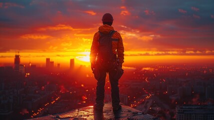 Fototapeta premium Man Watching Sunset Over Cityscape