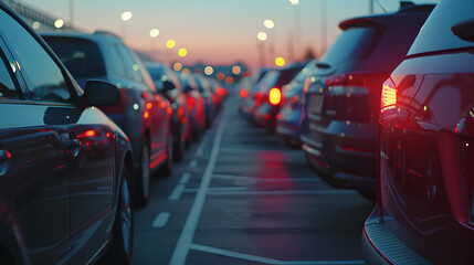 Fototapeta premium Car parked at outdoor parking lot. Used car for sale and rental service. Automobile parking area. Car dealership and dealer agent concept