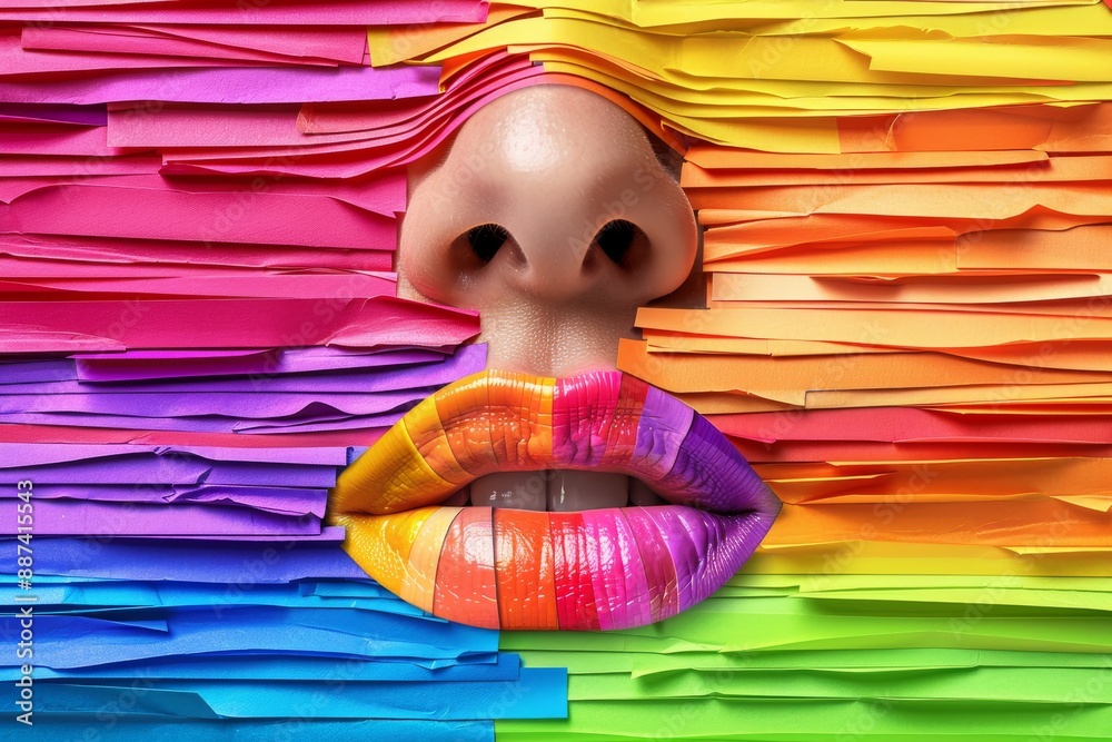 Sticker surreal 3d illustration of a head with rainbow lips and a colorful textured background vibrant color