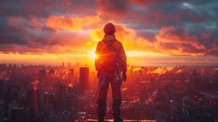 Fototapeta premium Man Looking Over City Skyline at Sunrise