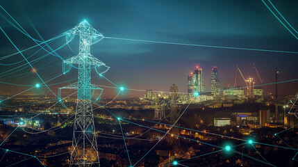 Electrical grid and power transmission tower with digital lines connected over a city at night. Smart energy management, digital infrastructure, city planning, futuristic technology concepts.