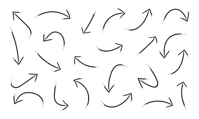 Set of black hand drawn grunge doodle spiral and curved charcoal, chalk arrows on white background. Scribble symbols of direction pointers, swirl arrow elements for infographic design in eps 10.