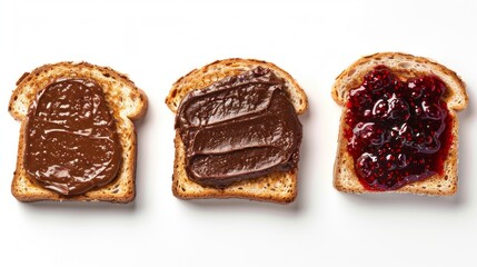 Three slices of golden toast topped with creamy peanut butter and sweet jelly, ready to be enjoyed for a delicious breakfast or snack