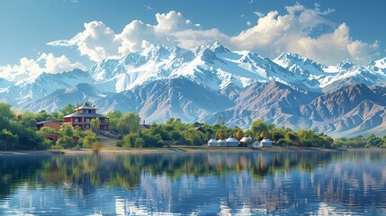 Fototapeta premium Lake Issyk-Kul surrounded by snow-capped mountains and yurts. 