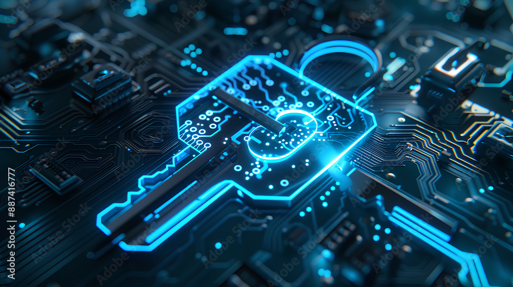 Poster glowing blue digital key on a circuit board background symbolizing secure access technology. 3d rend