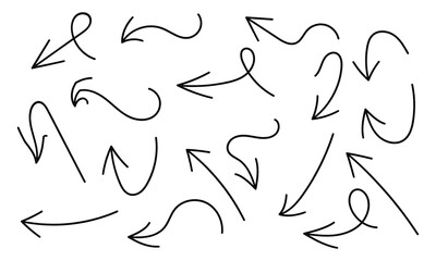 Fototapeta premium Set of black hand drawn grunge doodle spiral and curved charcoal, chalk arrows on white background. Scribble symbols of direction pointers, swirl arrow elements for infographic design in eps 10.