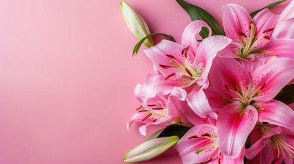 Fototapeta premium Beautiful lily flowers bouquet on a pink background. Lillies. Pink lilies closeup. Big bunch of fresh fragrant lilies purple background. Border design. 