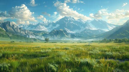 Fototapeta premium Landscape picture with mountains and grassland There are herbivores.