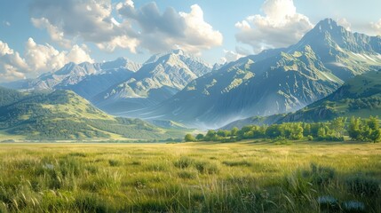 Fototapeta premium Landscape picture with mountains and grassland There are herbivores.