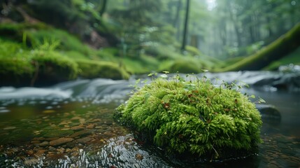 moss growing on a rock near the edge of a stream in the forest