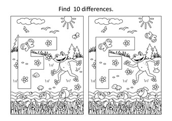 Letter F difference game and coloring page. F is for frog. F is for fish. F is for flowers.
