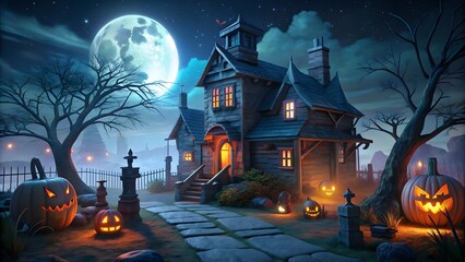 3D illustration of a Halloween concept background of a realistic horror house and creepy street with moonlight