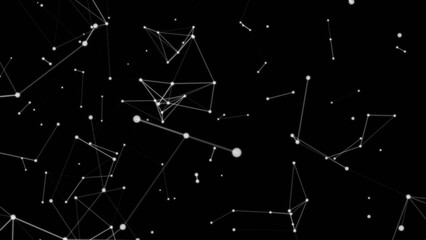 A  backdrop of white dots connected by thin glowing lines network  elegant molecular with black background.