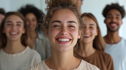 Fototapeta premium Portrait of a young businesswoman laughing with a group of diverse colleagues standing behind her in front of a white office wall. Generative AI.