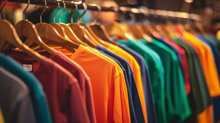 Fototapeta premium Colorful variety of shirts hanging on a rack in a clothing store. Retail fashion, wardrobe selection, shopping, textile industry, apparel merchandising.