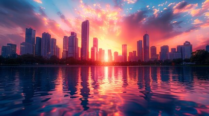 Obraz premium Sunset over a vibrant city skyline with glass skyscrapers reflecting shades of orange and pink, framed by a serene river with gently rippling water. 