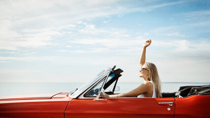 Travel, road trip and happy woman in car with smile for adventure, summer vacation or sightseeing....