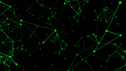 A  backdrop of green dots connected by thin glowing lines network  elegant molecular with black background.