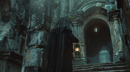A mysterious figure in a hooded cloak holds a lantern at the entrance of an ancient crypt, creating an eerie and suspenseful atmosphere. Suitable for Halloween, horror or mystery themes.