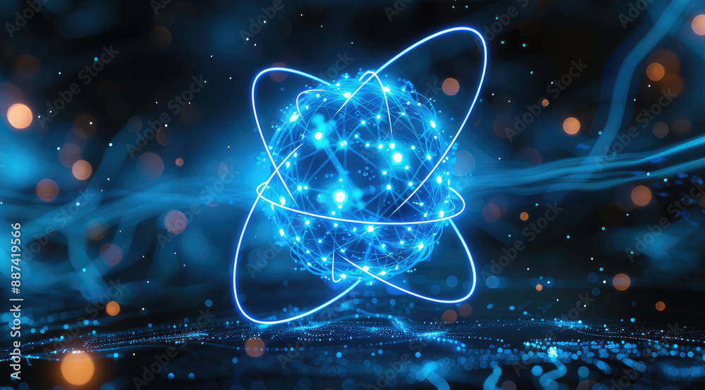 Leinwandbilder Glowing blue atom with a network of luminous lines against a dark backdrop. High-tech abstract digital design with intricate circuit details for use in computer graphics. Generative AI.